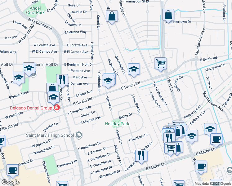 map of restaurants, bars, coffee shops, grocery stores, and more near 723 East Longview Avenue in Stockton