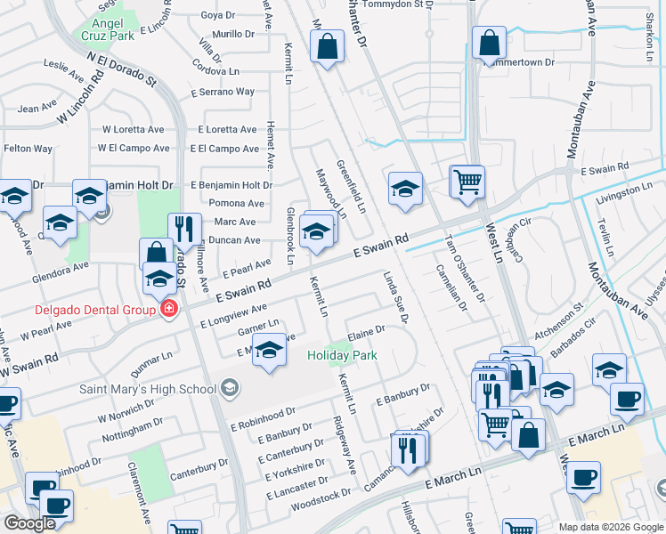 map of restaurants, bars, coffee shops, grocery stores, and more near 704 East Swain Road in Stockton