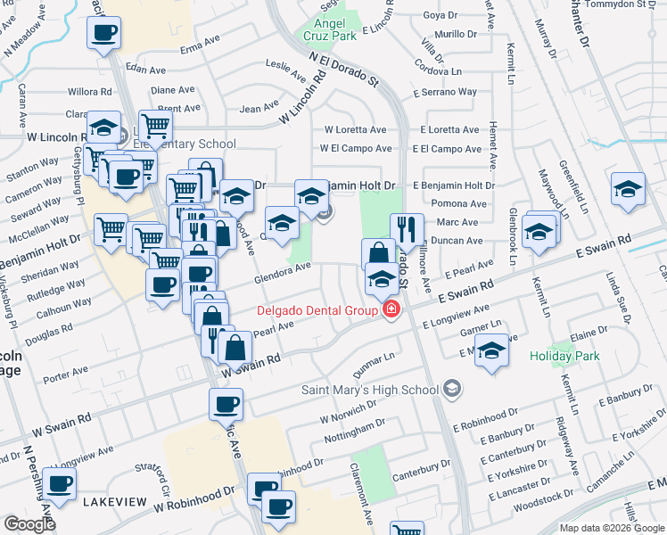 map of restaurants, bars, coffee shops, grocery stores, and more near 6216 Alturas Avenue in Stockton
