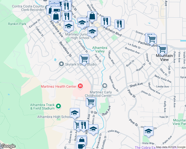 map of restaurants, bars, coffee shops, grocery stores, and more near 2118 Castro Street in Martinez