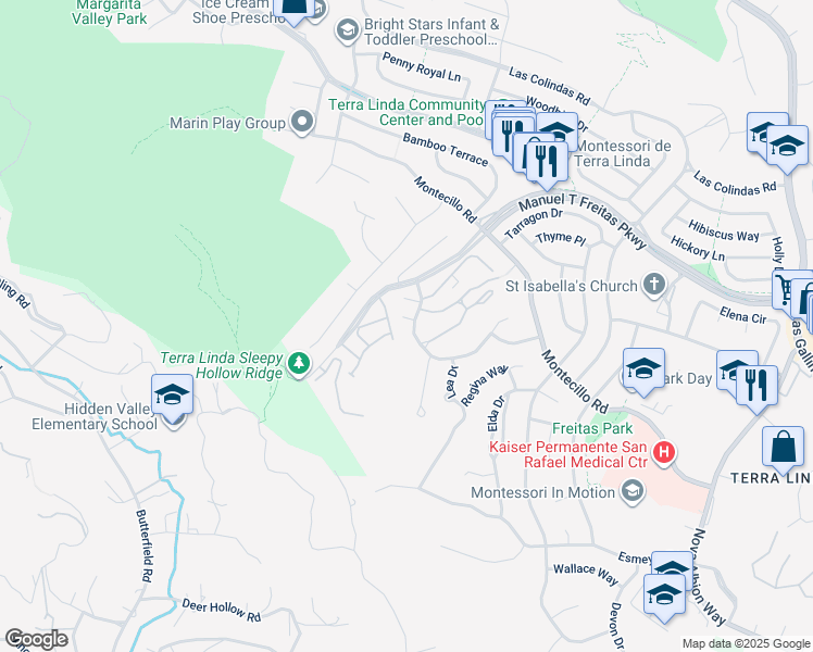 map of restaurants, bars, coffee shops, grocery stores, and more near 223 Sylvia Way in San Rafael