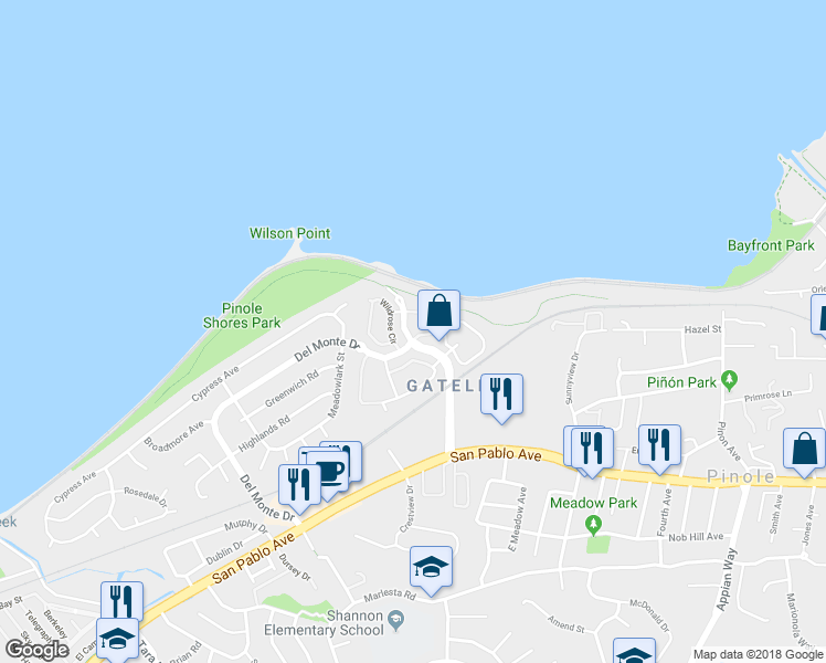 map of restaurants, bars, coffee shops, grocery stores, and more near 325 Del Monte Way in Pinole