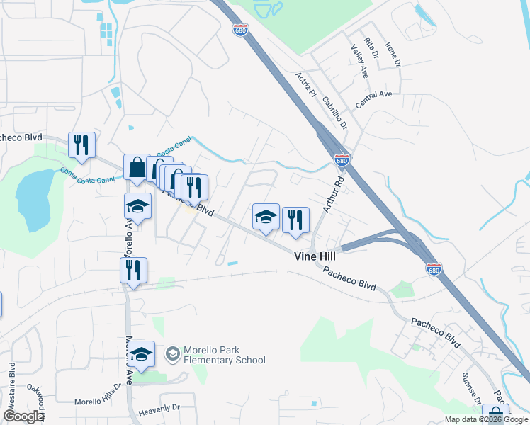 map of restaurants, bars, coffee shops, grocery stores, and more near 4040 Ellis Road in Martinez