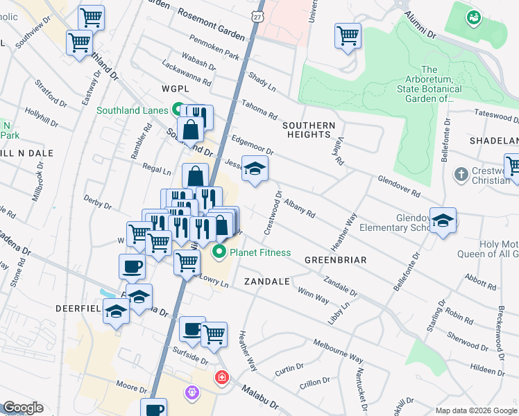 map of restaurants, bars, coffee shops, grocery stores, and more near 120 Greenbriar Road in Lexington