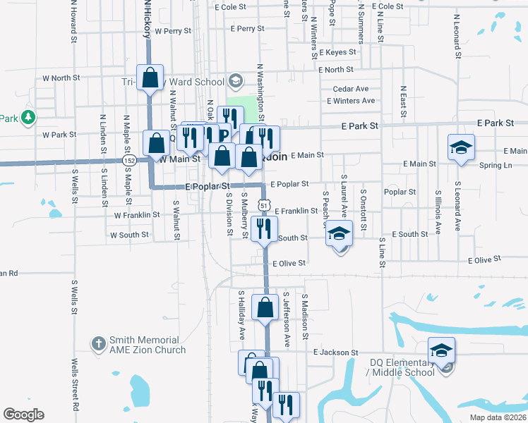 map of restaurants, bars, coffee shops, grocery stores, and more near 205 South Washington Street in Du Quoin