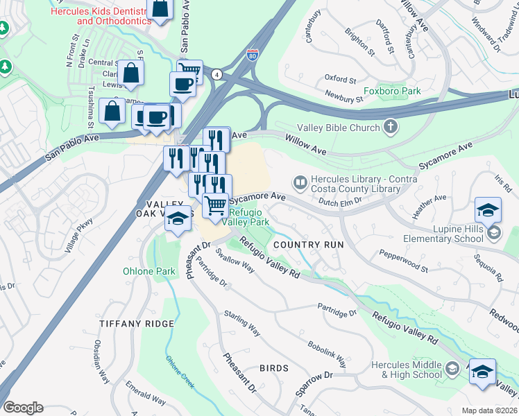 map of restaurants, bars, coffee shops, grocery stores, and more near 9 Bluff Court in Hercules