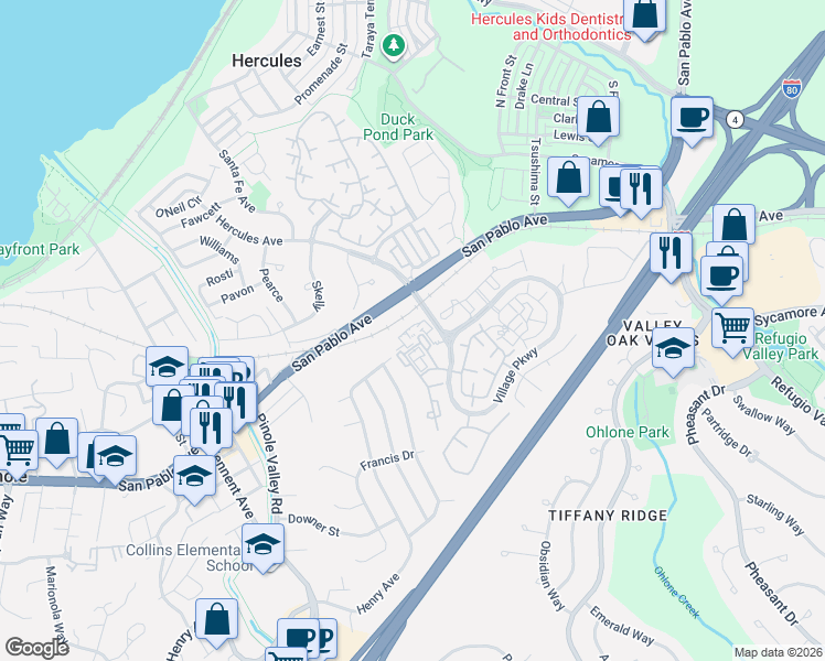 map of restaurants, bars, coffee shops, grocery stores, and more near 61 Glenwood in Hercules