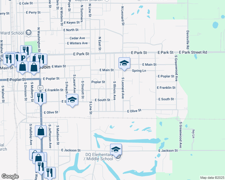 map of restaurants, bars, coffee shops, grocery stores, and more near 201 South Illinois Avenue in Du Quoin