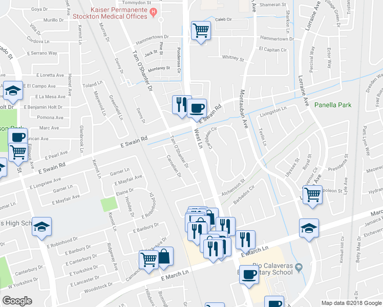 map of restaurants, bars, coffee shops, grocery stores, and more near 1322 Sagewood Court in Stockton