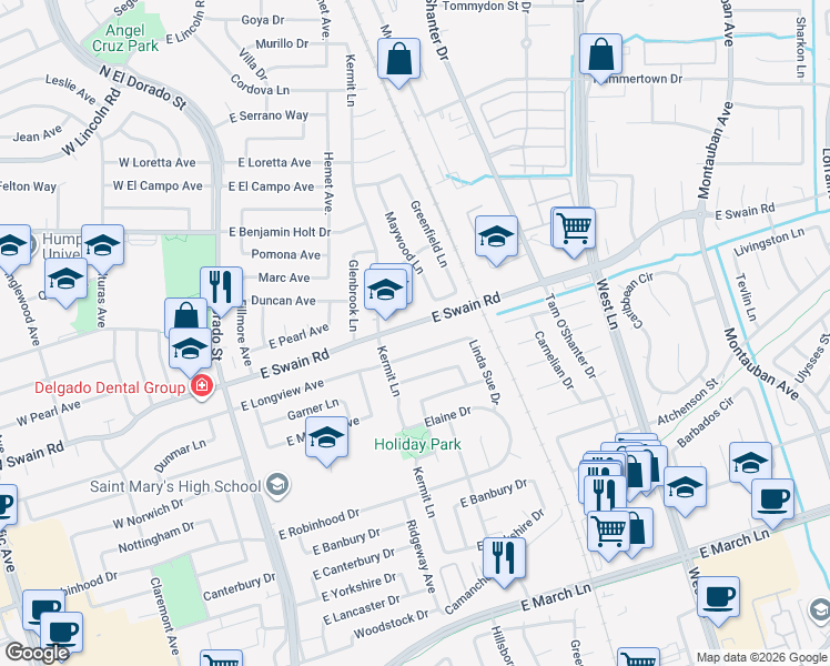 map of restaurants, bars, coffee shops, grocery stores, and more near 723 East Longview Avenue in Stockton