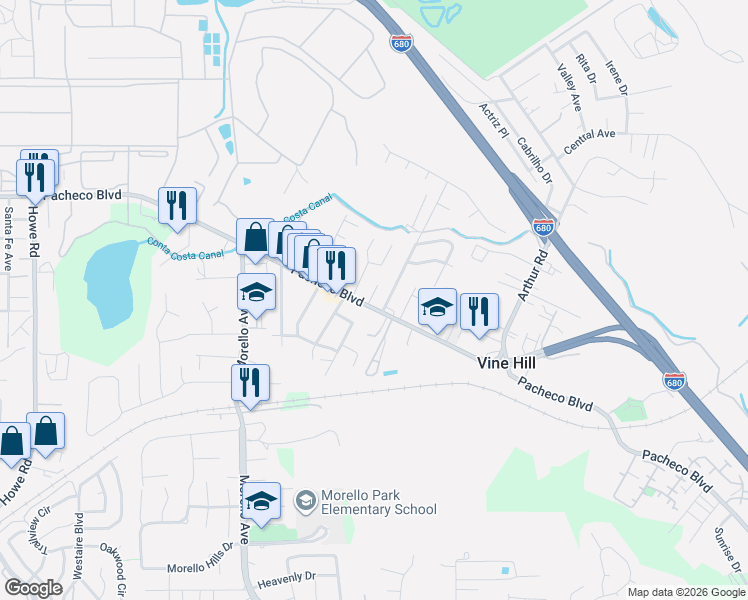 map of restaurants, bars, coffee shops, grocery stores, and more near 4001 Pacheco Boulevard in Martinez