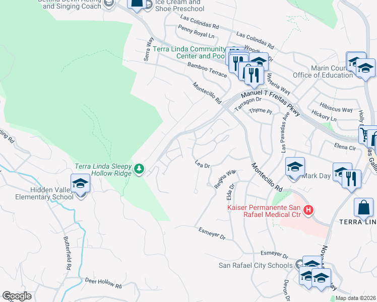 map of restaurants, bars, coffee shops, grocery stores, and more near 223 Sylvia Way in San Rafael