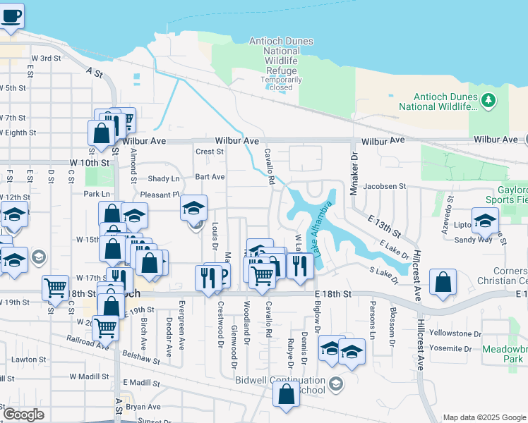 map of restaurants, bars, coffee shops, grocery stores, and more near 1300 Cavallo Road in Antioch