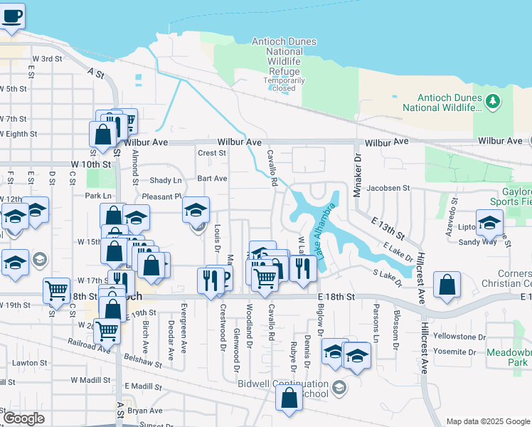 map of restaurants, bars, coffee shops, grocery stores, and more near 1300 Cavallo Road in Antioch