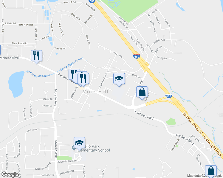 map of restaurants, bars, coffee shops, grocery stores, and more near 4041 Ellis Road in Martinez