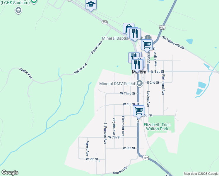 map of restaurants, bars, coffee shops, grocery stores, and more near 311 Virginia Avenue in Mineral