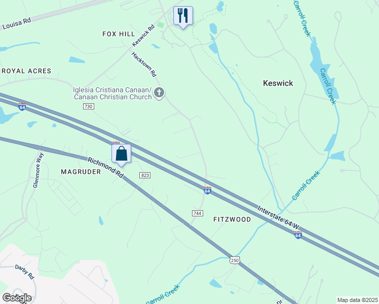 map of restaurants, bars, coffee shops, grocery stores, and more near 1010 Hacktown Road in Keswick