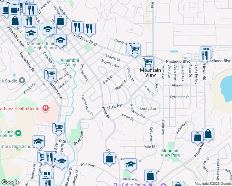 map of restaurants, bars, coffee shops, grocery stores, and more near 2230 Pomona Avenue in Martinez