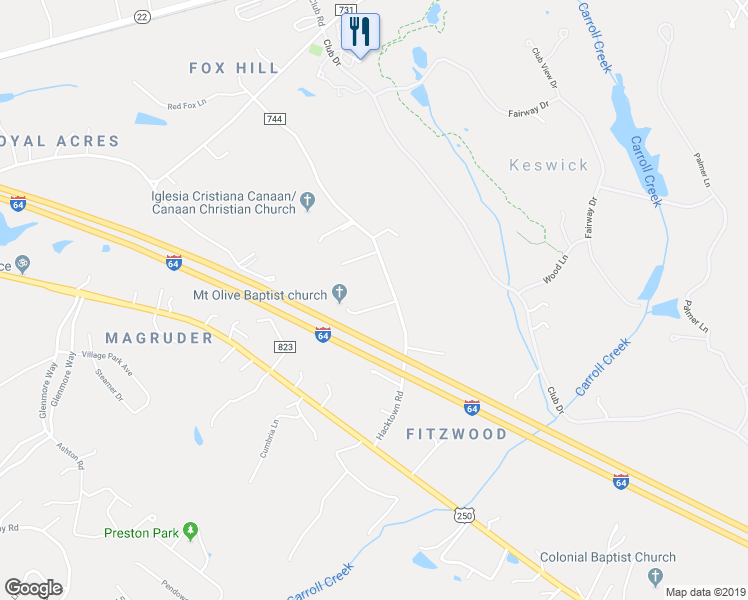 map of restaurants, bars, coffee shops, grocery stores, and more near 1010 Hacktown Road in Keswick