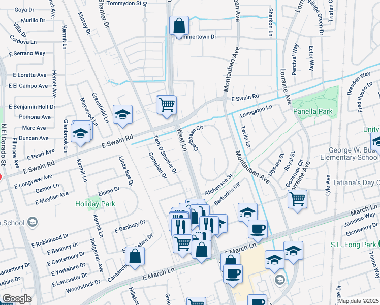 map of restaurants, bars, coffee shops, grocery stores, and more near 5799 Caribbean Circle in Stockton