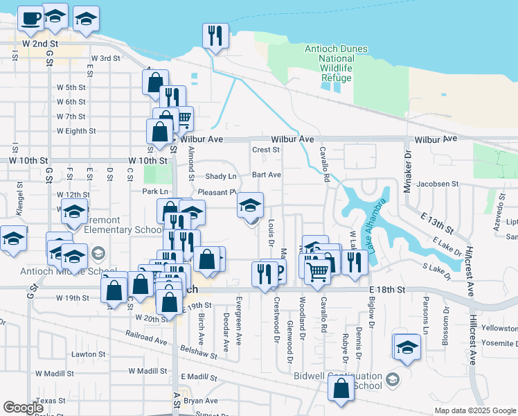 map of restaurants, bars, coffee shops, grocery stores, and more near East 13th Street & August Way in Antioch