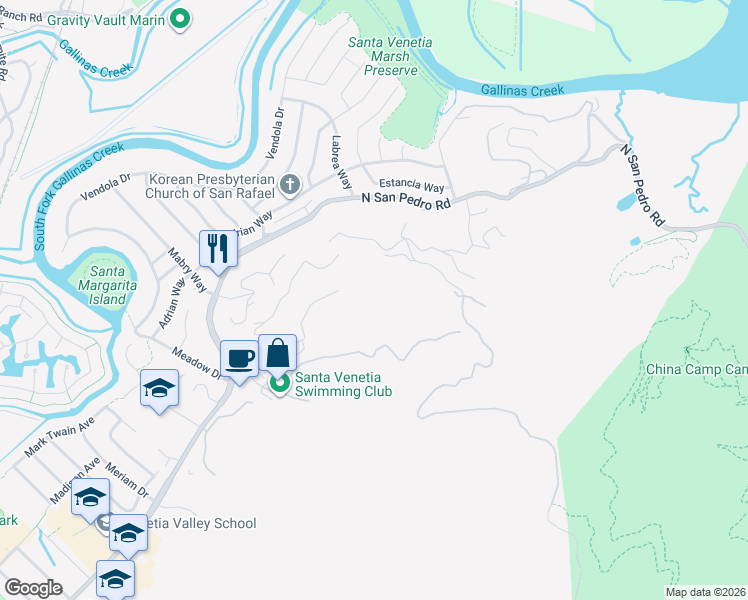 map of restaurants, bars, coffee shops, grocery stores, and more near 70 Oxford Drive in San Rafael