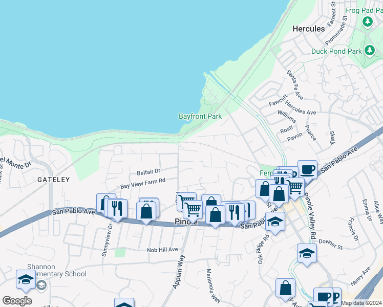 map of restaurants, bars, coffee shops, grocery stores, and more near 1439 Hutchinson Court in Pinole