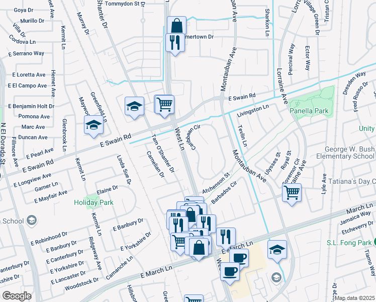 map of restaurants, bars, coffee shops, grocery stores, and more near 5799 Caribbean Circle in Stockton