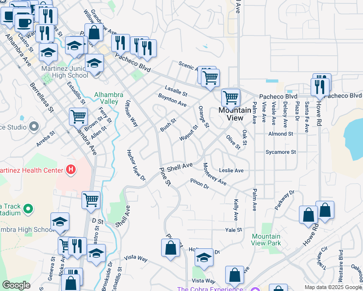 map of restaurants, bars, coffee shops, grocery stores, and more near 2307 Pomona Avenue in Martinez