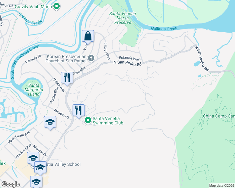 map of restaurants, bars, coffee shops, grocery stores, and more near 70 Oxford Drive in San Rafael