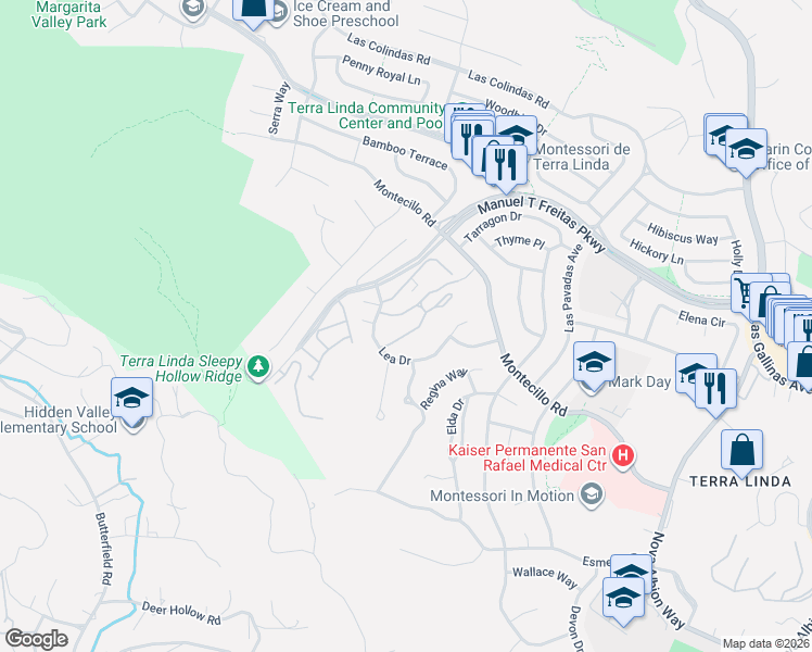 map of restaurants, bars, coffee shops, grocery stores, and more near 17 Forest Lane in San Rafael