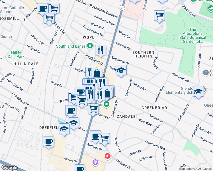 map of restaurants, bars, coffee shops, grocery stores, and more near 129 Zandale Drive in Lexington