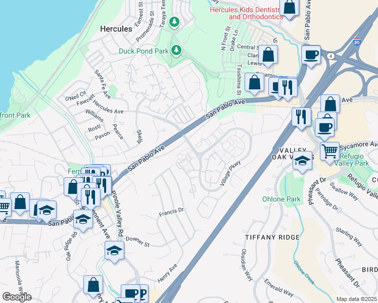 map of restaurants, bars, coffee shops, grocery stores, and more near 44 Glenwood in Hercules