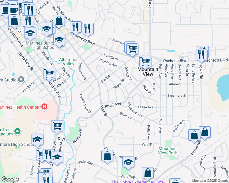 map of restaurants, bars, coffee shops, grocery stores, and more near 2230 Pomona Avenue in Martinez