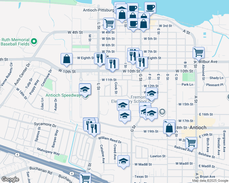 map of restaurants, bars, coffee shops, grocery stores, and more near 1134 Cook Street in Antioch