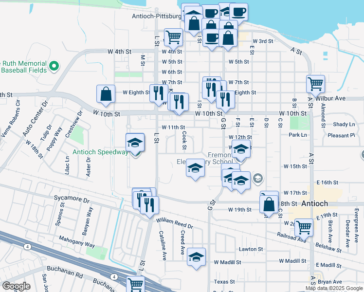map of restaurants, bars, coffee shops, grocery stores, and more near 1134 Cook Street in Antioch