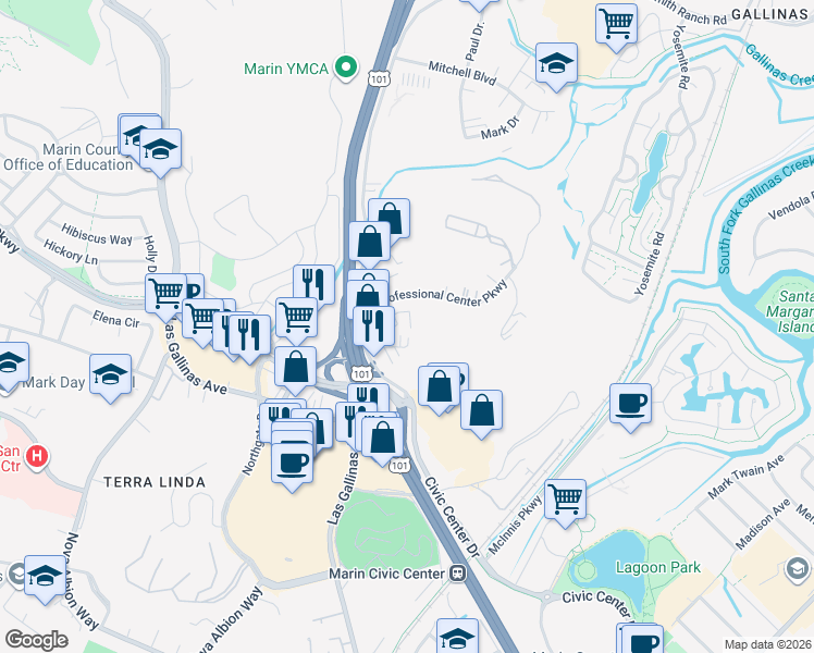 map of restaurants, bars, coffee shops, grocery stores, and more near 10 Professional Center Parkway in San Rafael