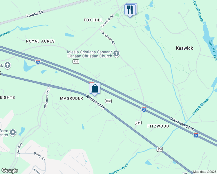 map of restaurants, bars, coffee shops, grocery stores, and more near Interstate 64 West in Keswick