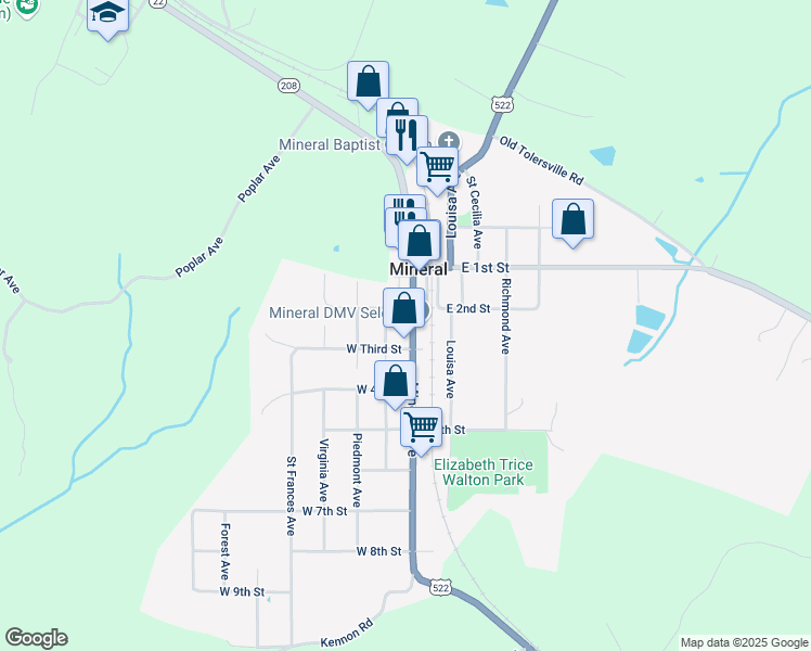 map of restaurants, bars, coffee shops, grocery stores, and more near 313 Mineral Avenue in Mineral