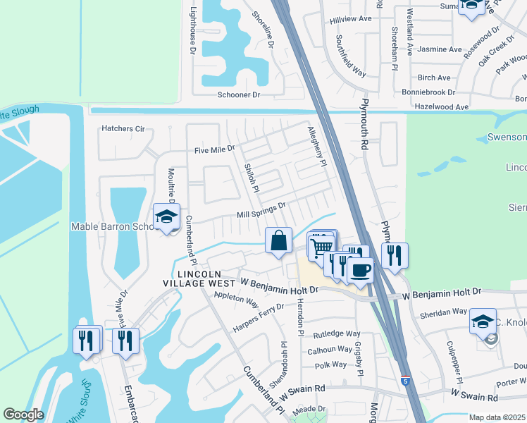 map of restaurants, bars, coffee shops, grocery stores, and more near Mill Springs Drive & Shiloh Place in Stockton