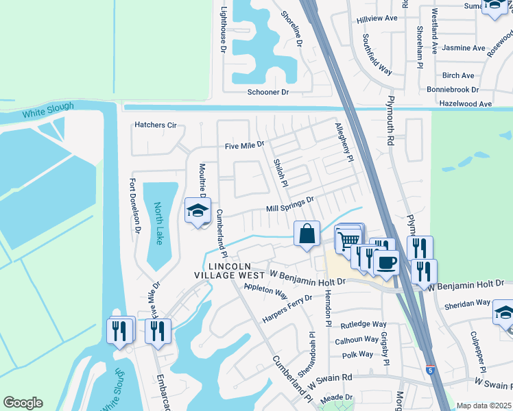 map of restaurants, bars, coffee shops, grocery stores, and more near 3551 Mill Springs Drive in Stockton