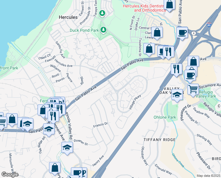 map of restaurants, bars, coffee shops, grocery stores, and more near 44 Glenwood in Hercules