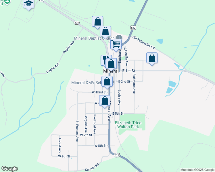map of restaurants, bars, coffee shops, grocery stores, and more near 313 Mineral Avenue in Mineral