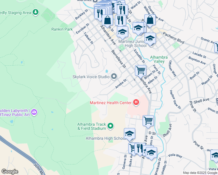 map of restaurants, bars, coffee shops, grocery stores, and more near 104 Warren Street in Martinez