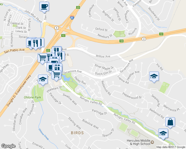 map of restaurants, bars, coffee shops, grocery stores, and more near 500 Blue Cypress Way in Hercules