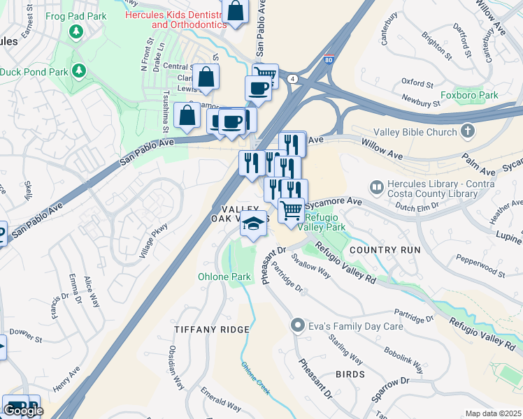 map of restaurants, bars, coffee shops, grocery stores, and more near 1 Sapphire Court in Hercules