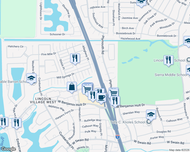map of restaurants, bars, coffee shops, grocery stores, and more near 3280 Blue Ridge Circle in Stockton