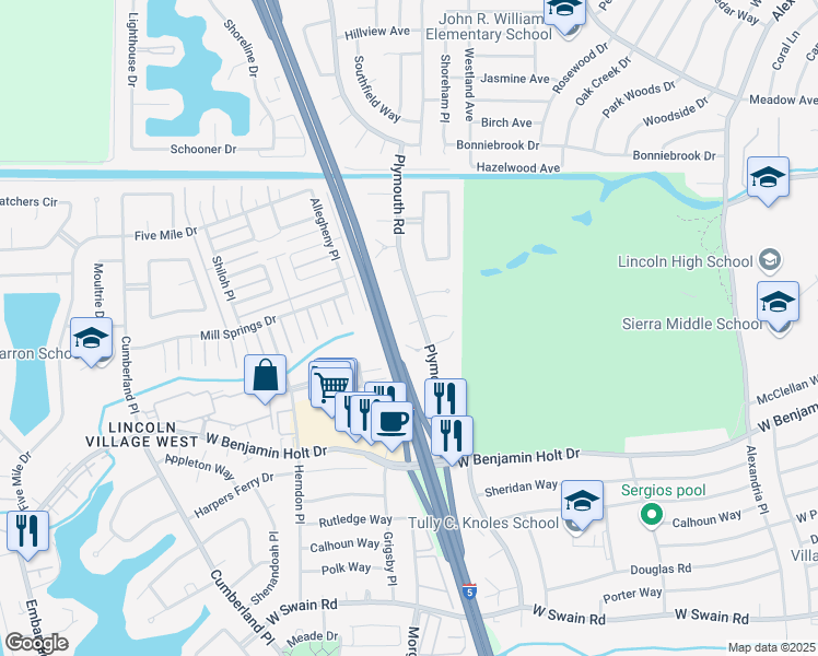 map of restaurants, bars, coffee shops, grocery stores, and more near 2903 Cushing Court in Stockton