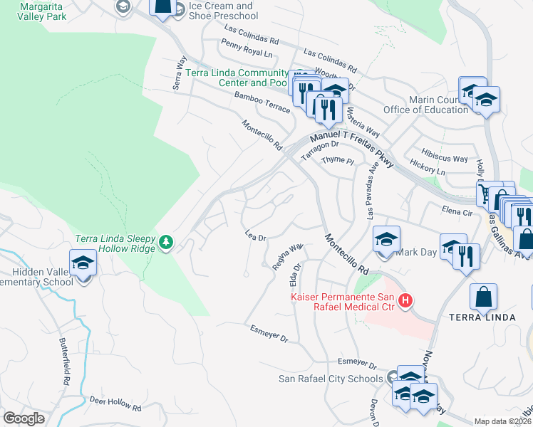 map of restaurants, bars, coffee shops, grocery stores, and more near 40 Forest Lane in San Rafael