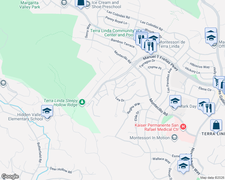 map of restaurants, bars, coffee shops, grocery stores, and more near 223 Sylvia Way in San Rafael